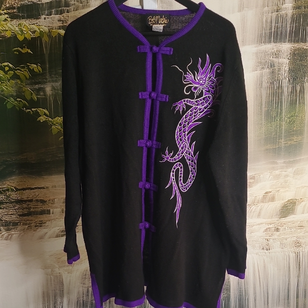 Bob Mackie Womens 2X Black Purple Acrylic Embroidered Dragon Cardigan Sweater